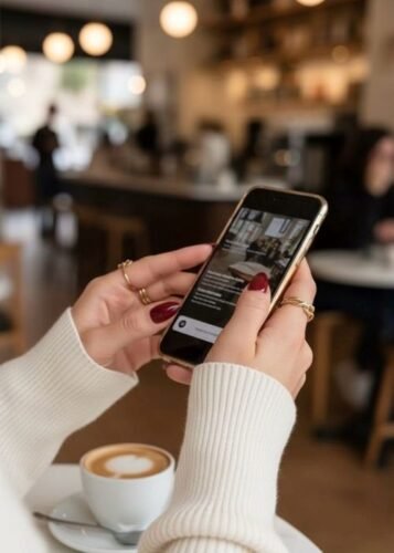 Close-up of hands holding a smartphone in a modern cafe environment for Gleaming digital optimization