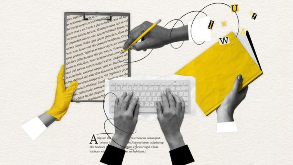 Hands analyzing content documents and typing on a keyboard representing the step-by-step process of calculating information gain for web content.