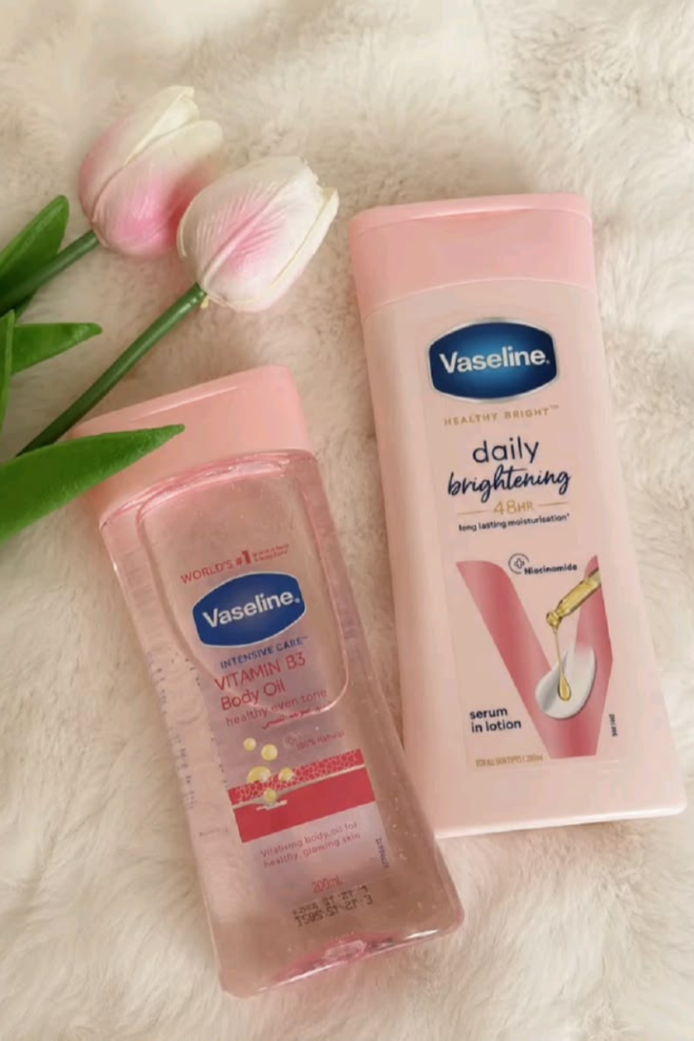 Vaseline Intensive Care Vitamin B3 Body Oil and Healthy Bright Daily Brightening Serum in Lotion on a soft white surface, used as a feature image to illustrate why Vaseline is the obvious choice for skincare.