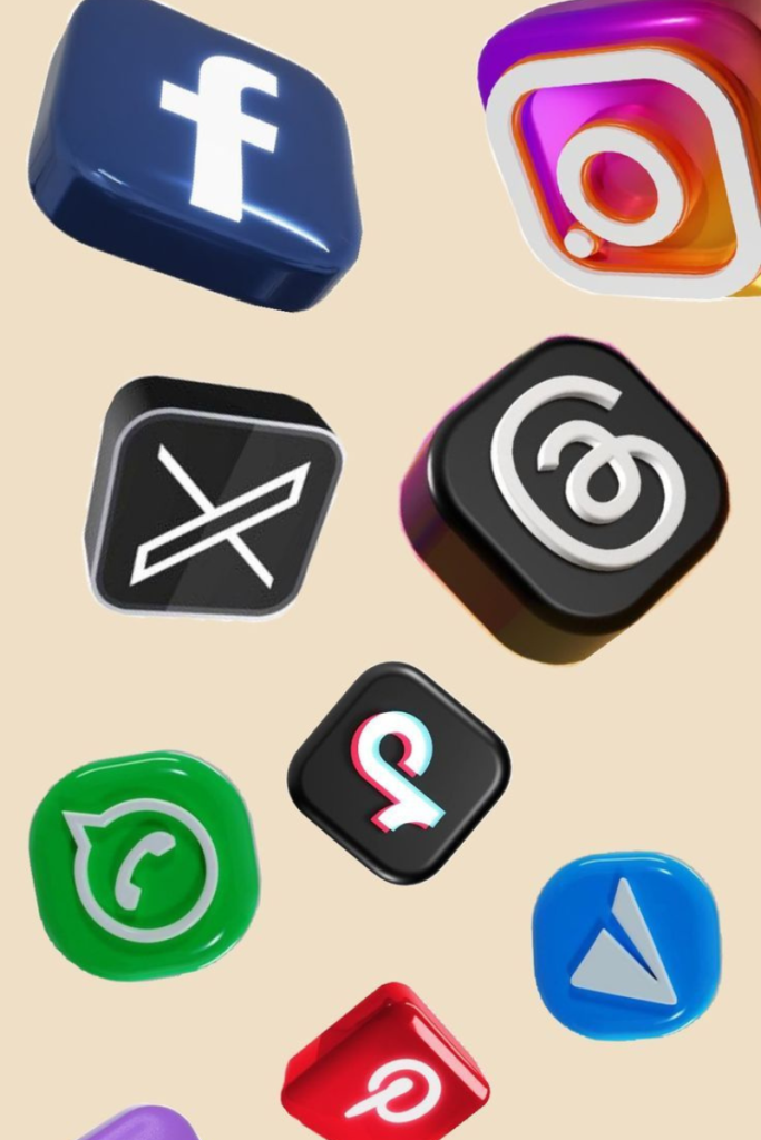 Floating 3D app icons of social media platforms including Facebook, Instagram, X, Threads, TikTok, WhatsApp, Telegram, and Pinterest against a beige background.
