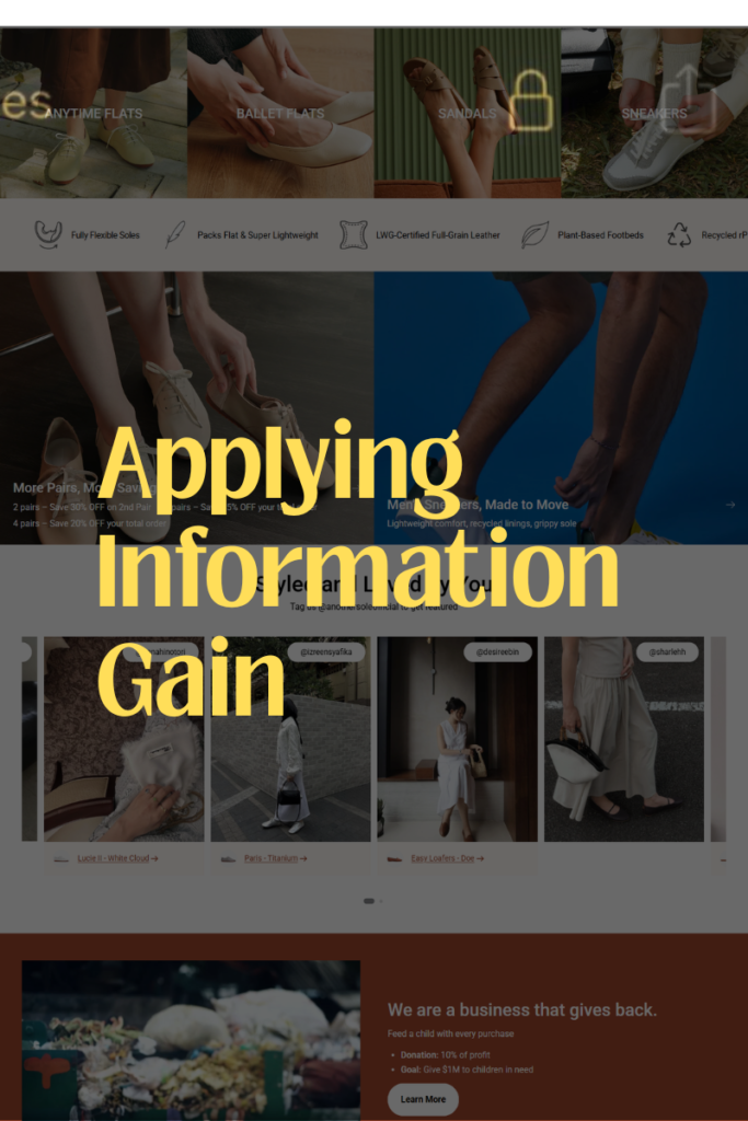 A full webpage screenshot with a dark overlay and large yellow text that reads: 'Applying Information Gain.' The background elements show e-commerce content, product lists, and social media handles.