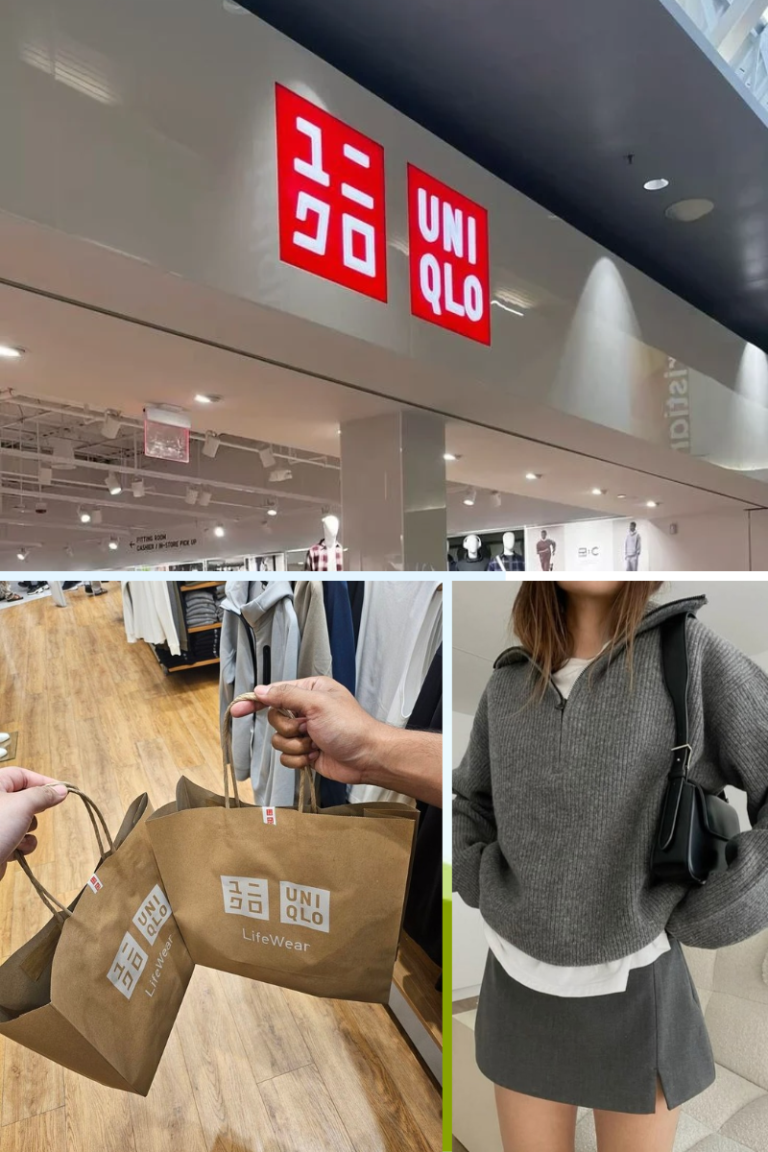 A three-part image collage featuring a bright Uniqlo storefront logo at the top, a person holding Uniqlo shopping bags in a store at the bottom left, and a close-up of a person wearing a grey Uniqlo sweater at the bottom right.